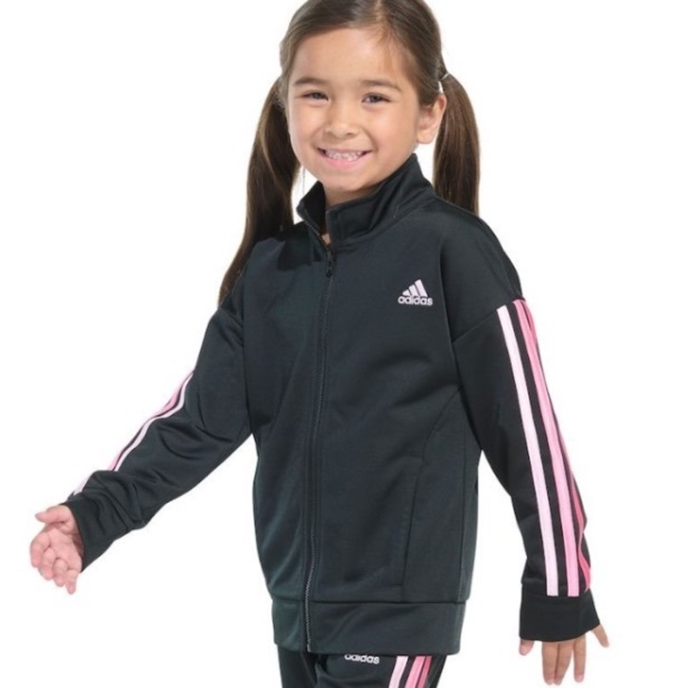 Adidas Girls Track Jacket 3-Stripe Black Pink Full Zip Size 6